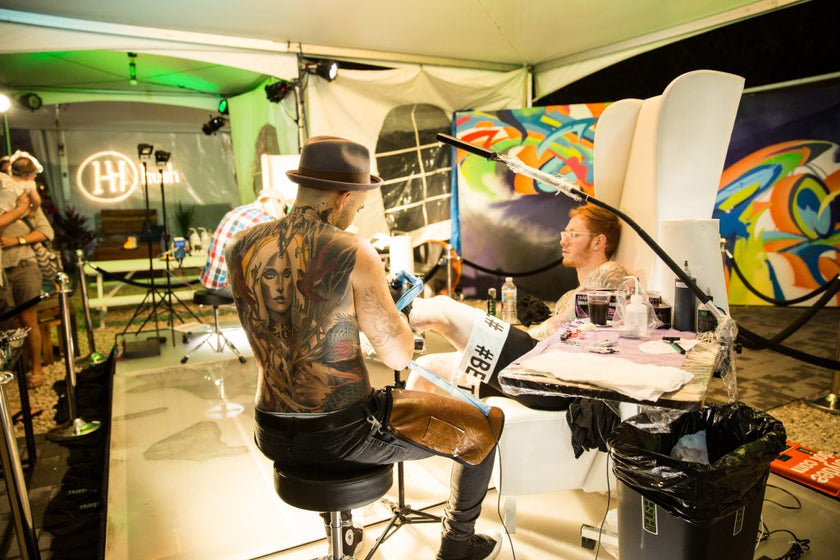Jon Mesa Tattooing at Art Basel Hush Pop Up