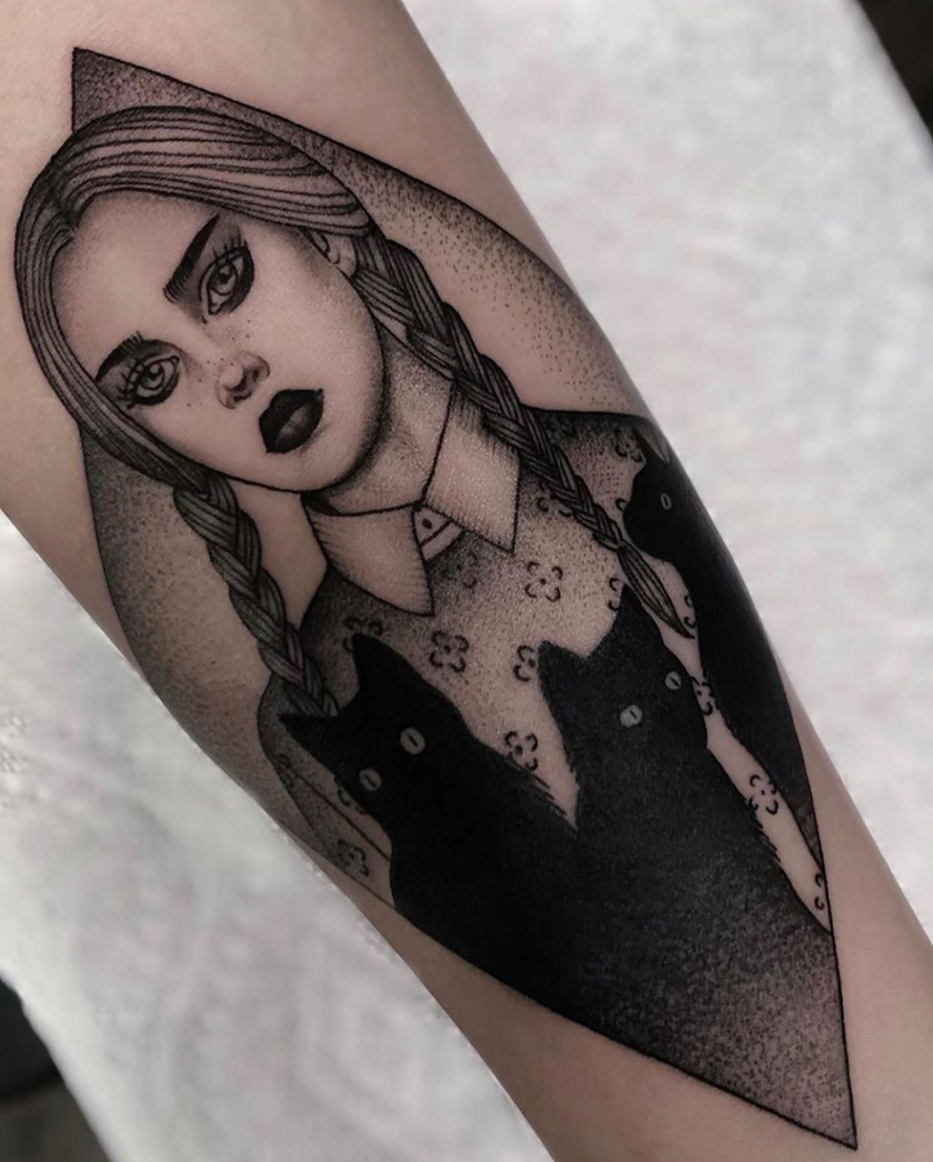 Alisha Gory Wednesday Addams inspired tattoo