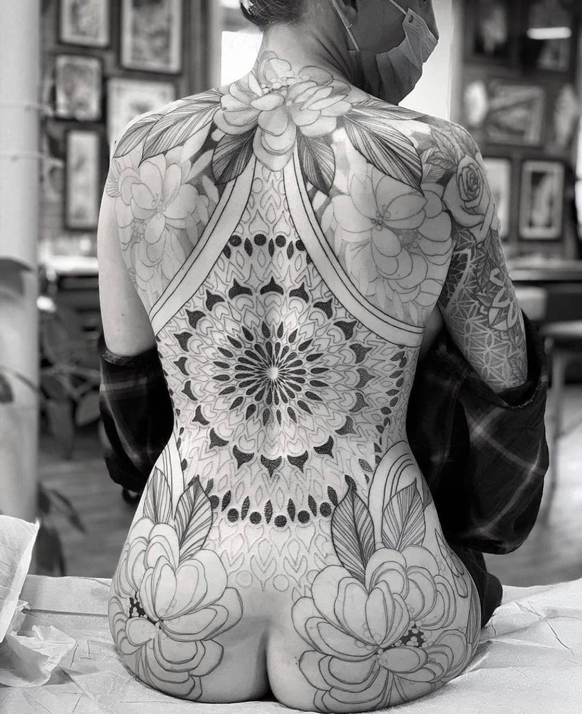 Black and Grey Tattoo on Woman's Full Back
